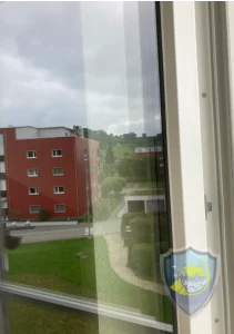 Sauberes Fenster nach professioneller Reinigung, frei von Schmutz und Streifen.