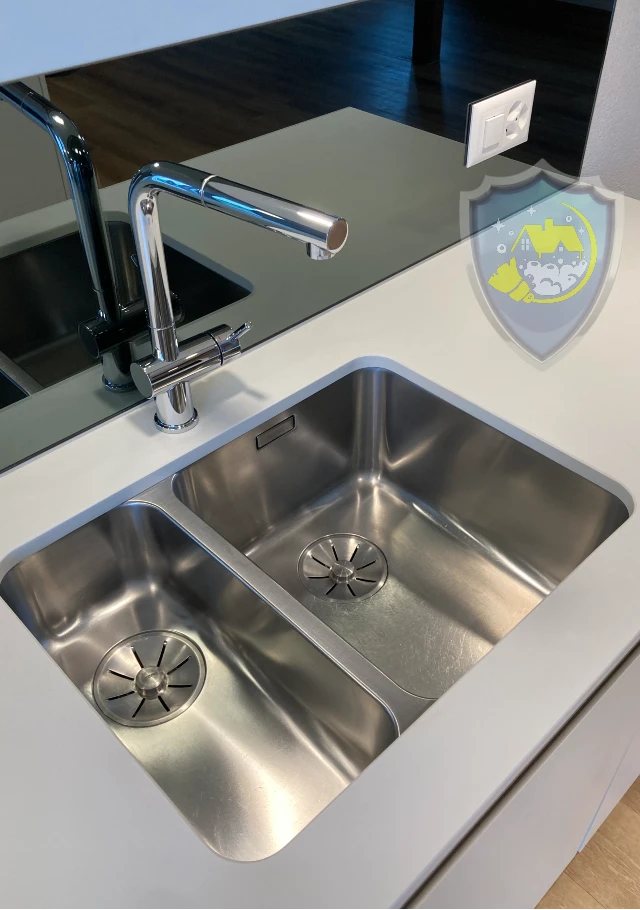 Detailansicht einer gründlich gereinigten Spüle – glänzend und frei von Schmutz.