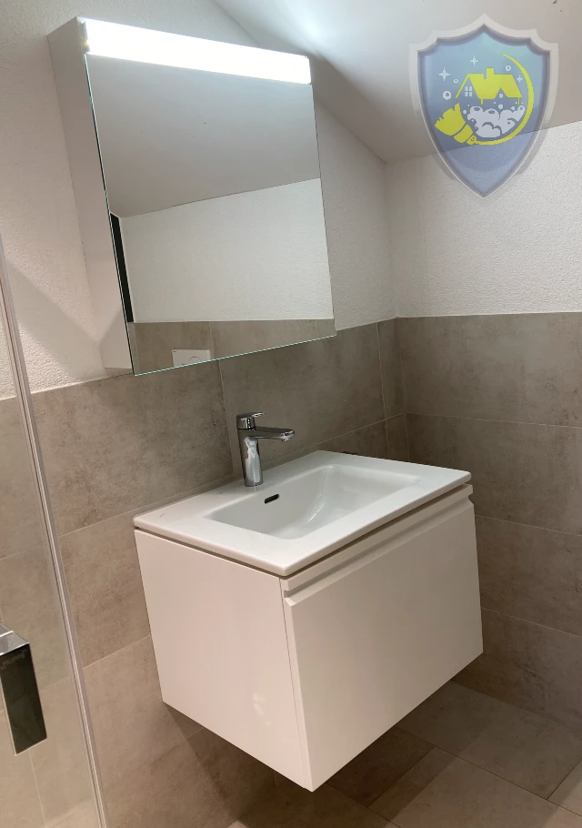 Gründlich gereinigtes Waschbecken und Spiegel im Badezimmer – sauber, glänzend und streifenfrei.